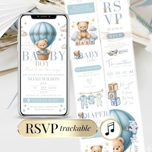 Peut inclure: Une invitation numérique pour une fête prénatale sur un écran de smartphone avec un ours en peluche dans une montgolfière bleue, incluant le texte We can bearly wait, Baby Boy, Noah Wilson, 22 juillet 2026 et RSVP trackable avec une icône de note.
