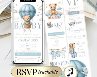 Baby Shower Digital Invitation with Online RSVP Tracker for Boy, Cute Teddy Bear We Can Bearly Wait Digital Invite Editable Template