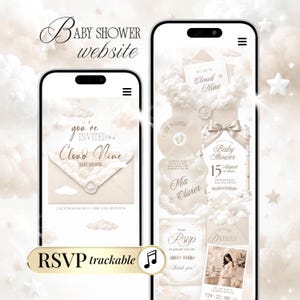 May include: Two smartphones displaying a baby shower website template with a cloud theme. The screens feature beige envelopes, soft white clouds, and text including "You're invited to Cloud Nine," "Baby Shower," and "RSVP trackable" with a music note icon.