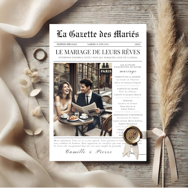 Faire-part mariage type journal, modèle Gazette des Mariés Canva, personnalisable et élégant, 4 pages aux formats A3, A4, A5 pour une touche authentique.