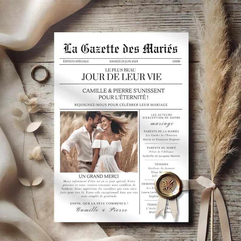 Gazette des Mariés Modèle Faire Part Mariage Template Canva Invitation Mariage Personnalisable Journal Mariage Modèle Canva A3 et A4