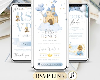 Little Prince Baby Shower Invitation Digital RSVP Canva Template | Royal Castle Prince Blue Gold Party Baby Boy Invite