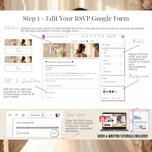 Step-by-step guide to editing your RSVP Google Form for a Quinceañera or Sweet 16. Customize text, questions, font style, background colors, and upload header/footer images. Includes Canva mockups, copy-paste link setup, and video + written tutorials. Perfect for digital invitations with trackable RSVPs.
