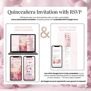 Sleeping Beauty Quinceañera digital invitation website with RSVP form and Sweet 16 online event template editable in Canva. Includes laptop and phone mockups showing elegant pink fairy-tale theme for princess-style 15th birthday. Perfect digital invite for Quinceañera celebration with RSVP and web link.