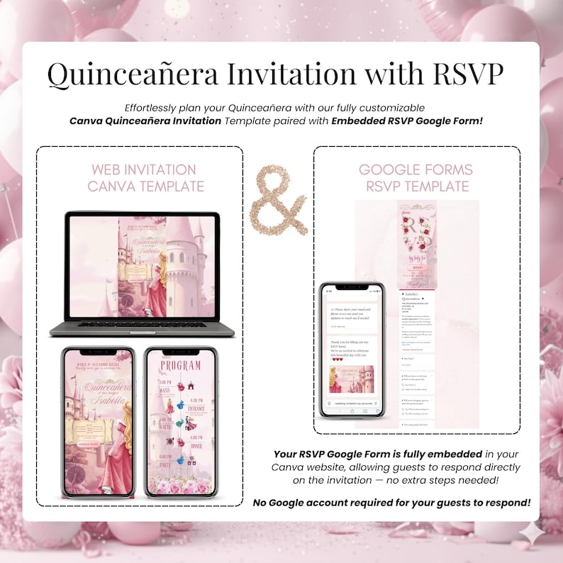 Sleeping Beauty Quinceañera digital invitation website with RSVP form and Sweet 16 online event template editable in Canva. Includes laptop and phone mockups showing elegant pink fairy-tale theme for princess-style 15th birthday. Perfect digital invite for Quinceañera celebration with RSVP and web link.