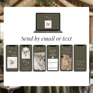 Digital wedding invitation mobile website preview, green save the date Canva template, RSVP wedding website, countdown timer, envelope click animation, elegant wedding invite, send via SMS email WhatsApp, modern wedding design