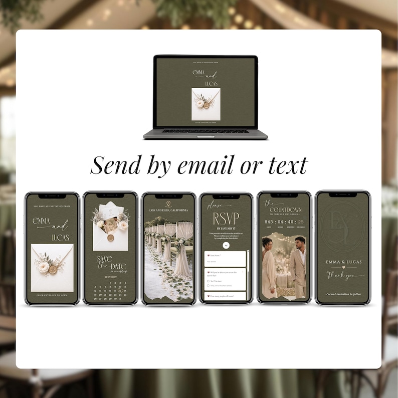 Digital wedding invitation mobile website preview, green save the date Canva template, RSVP wedding website, countdown timer, envelope click animation, elegant wedding invite, send via SMS email WhatsApp, modern wedding design