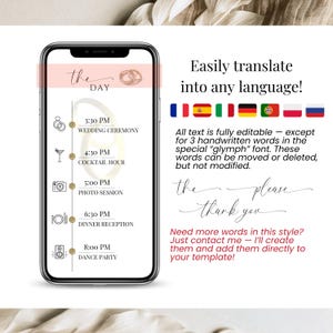 Multilingual editable digital wedding invitation timeline on mobile screen – easily translate into any language, all text editable in Canva except handwritten font style, includes icons for ceremony, cocktail hour, dinner and dance party – customizable online wedding template for international couples – Templates4Branding