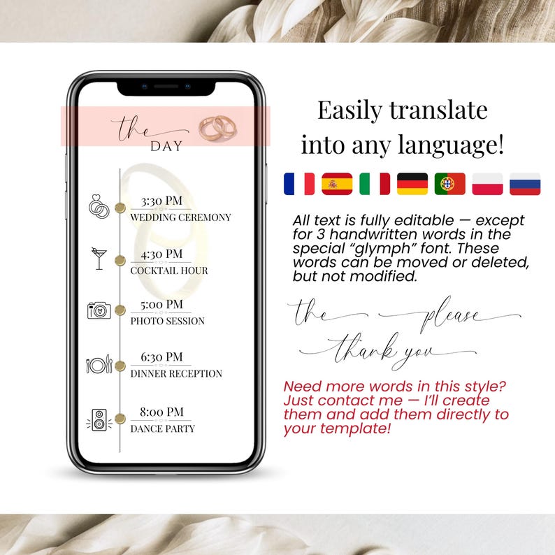 Multilingual editable digital wedding invitation timeline on mobile screen – easily translate into any language, all text editable in Canva except handwritten font style, includes icons for ceremony, cocktail hour, dinner and dance party – customizable online wedding template for international couples – Templates4Branding