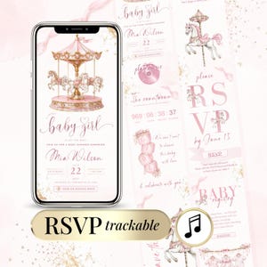 Può includere: Un invito digitale per baby shower visualizzato su uno smartphone, con un'illustrazione di una giostra rosa e oro, testo elegante con baby girl, Mia Wilson, dettagli dell'evento, un pulsante RSVP tracciabile e un'icona musicale.