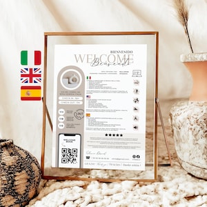 Modello di Benvenuto Airbnb Trilingue Stampabile su Canva - Cartolina Italiano, Inglese, Spagnolo -  Info Utili Casa Vacanze per Ospiti