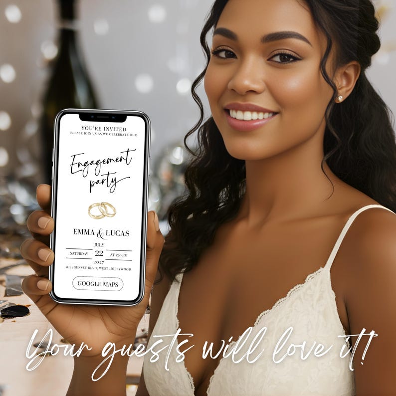 Guest holding smartphone with engagement party digital invitation displayed, modern Canva invitation website with RSVP tracking and elegant engagement party layout.