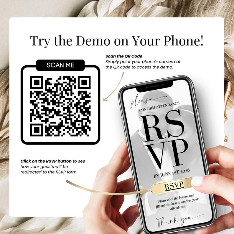 Try the demo on your phone using QR code for digital Save the Date wedding invitation with RSVP link, animated Canva template preview on smartphone.