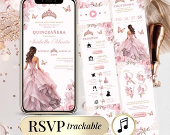 May include: Digital quinceañera invitation design featuring a pink and gold color scheme. The design includes a smartphone displaying the invitation details, RSVP information, and a program schedule. The invitation is decorated with floral and butterfly accents.