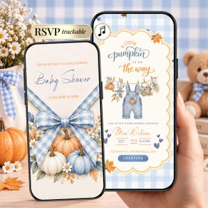 May include: Two smartphones displaying a digital baby shower invitation with a pumpkin theme. The screens feature blue gingham ribbons, watercolor pumpkins, and text including 'A little pumpkin is on the way' and 'Baby Shower' with event details.