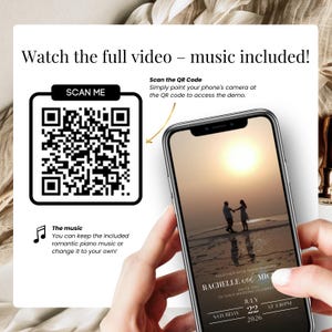 Watch full digital wedding invitation video on phone – romantic piano music included. Scan the QR code to preview this elegant editable Canva video invite with sunset beach couple. Customizable animated Save the Date for modern weddings.