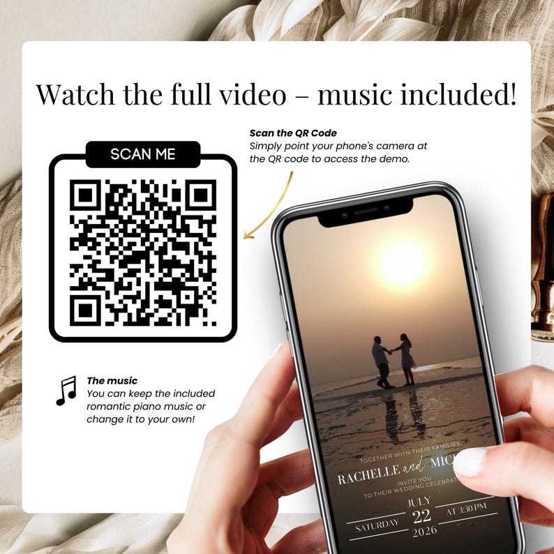 Watch full digital wedding invitation video on phone – romantic piano music included. Scan the QR code to preview this elegant editable Canva video invite with sunset beach couple. Customizable animated Save the Date for modern weddings.