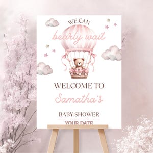 Baby Shower Welcome Sign, Pink Bear Decor, We Can Bearly Wait Teddy Bear Theme, Editable Party Poster Baby Shower Girl Canva Template