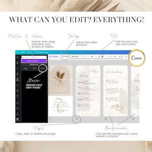 Full customization options for animated wedding video invitation template in Canva. Edit text, fonts, colors, timing, photos, videos, music, and backgrounds. Add, copy, or delete pages easily. Perfect for couples looking for a personalized and mobile-friendly wedding invitation with RSVP.