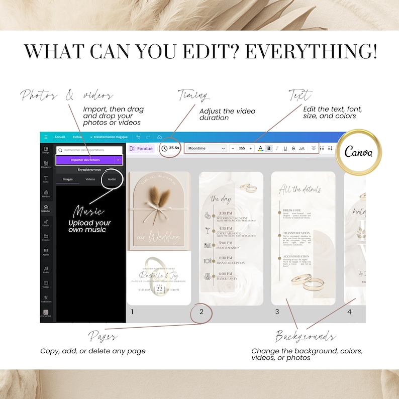 Full customization options for animated wedding video invitation template in Canva. Edit text, fonts, colors, timing, photos, videos, music, and backgrounds. Add, copy, or delete pages easily. Perfect for couples looking for a personalized and mobile-friendly wedding invitation with RSVP.