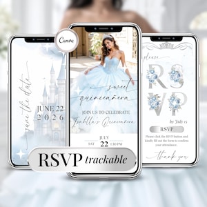 Elegant Quinceanera Invite RSVP Sweet 16 invitation, Editable Mis Quince Anos 15th Birthday Digital Quinceanera Invitation Baby Blue Silver