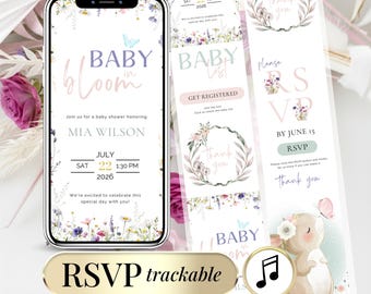 Baby in Bloom Baby Shower Invitation Digital Wildflower Invite Girl Boy Editable Custom Baby Party Evite Template with Clickable RSVP Page