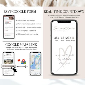 RSVP Google Form and real-time wedding countdown timer included in this digital invitation template. Auto-RSVPs, editable fields, and paperless design. Add Google Maps link for venue directions. Countdown syncs automatically with your wedding date. Share via WhatsApp, email, or text. Perfect for stress-free digital wedding planning with zero tech skills needed.