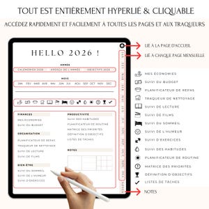 Agenda Digital 2026 Français – Planner hyperlié et cliquable. Accédez en un clic à vos pages mensuelles, hebdomadaires, journalières et tous vos trackers : budget, repas, lecture, sommeil, habitudes, to-do list, objectifs, routines. Navigation intuitive avec liens vers chaque section. Compatible iPad, tablette, GoodNotes, Notability, PDF. L’agenda numérique idéal pour organiser 2026 avec fluidité !