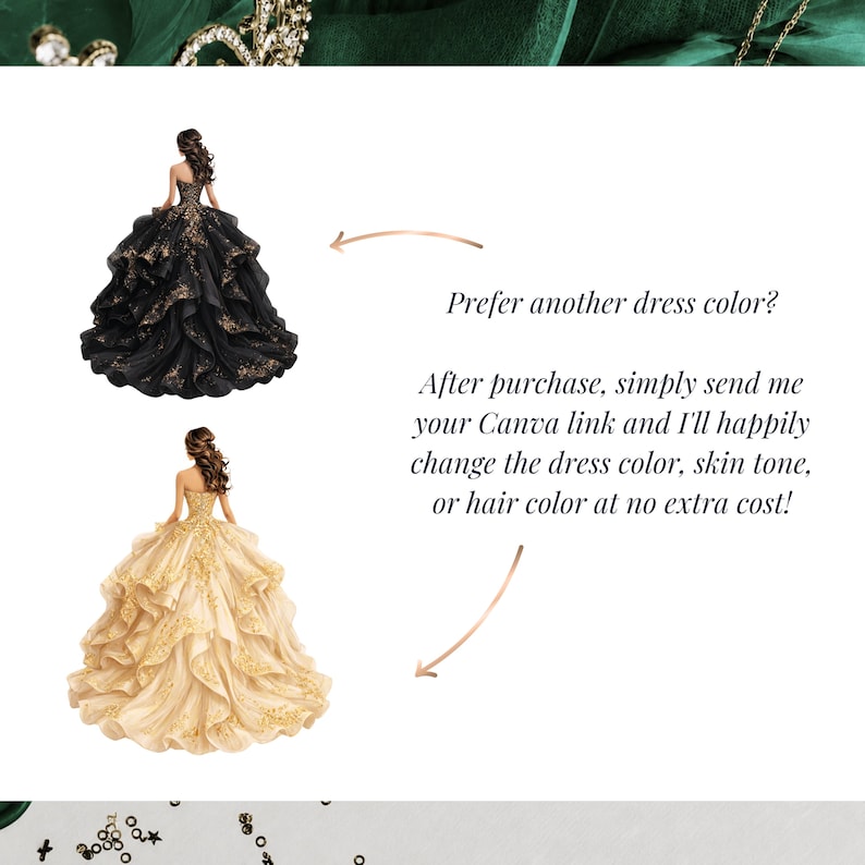 Personalized Emerald Green Quinceañera Invitation template with free dress color customization. Change dress color, skin tone, and hair color after purchase. Editable Canva Princess Quinceañera and Sweet 16 invitation website.