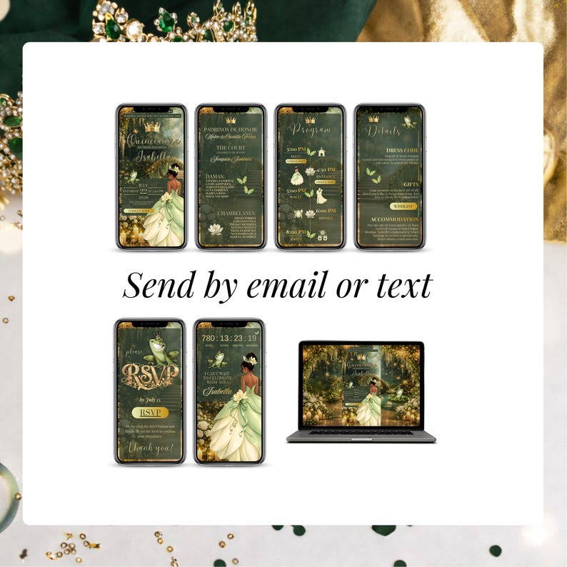 Luxury princess and frog sweet 16 invitation in green and gold, digital Canva template with RSVP online, countdown and mobile friendly event website