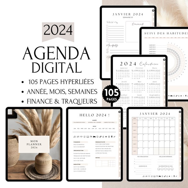 Planner francais 2024, Planificateur Numérique Hyperlié pour GoodNotes et Lecteurs PDF, Agenda Planner Digital en français daté pour 2024