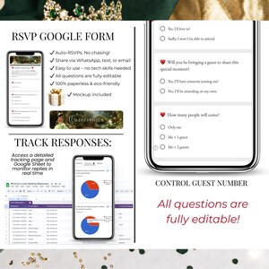 May include: A digital RSVP form displayed on a smartphone, with options for guest responses. The form includes a mockup, and the text reads "RSVP GOOGLE FORM" and "All questions are fully editable!"