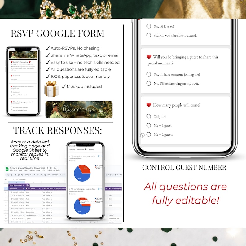 May include: A digital RSVP form displayed on a smartphone, with options for guest responses. The form includes a mockup, and the text reads "RSVP GOOGLE FORM" and "All questions are fully editable!"
