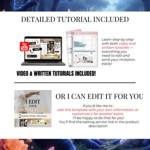 Puede incluir: Anuncio de servicios de invitaci&oacute;n digital. La imagen incluye una computadora port&aacute;til que muestra una invitaci&oacute;n de boda, un tutorial y el texto "Video & Written Tutorials Included!" y "Or I Can Edit It For You."
