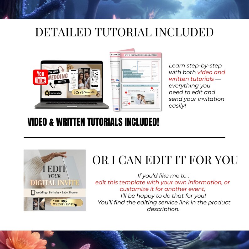 Puede incluir: Anuncio de servicios de invitaci&oacute;n digital. La imagen incluye una computadora port&aacute;til que muestra una invitaci&oacute;n de boda, un tutorial y el texto "Video & Written Tutorials Included!" y "Or I Can Edit It For You."