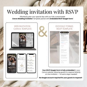 Wedding invitation with RSVP, digital Canva template and Google Form RSVP, editable animated wedding website evite with countdown timer, wedding day program, wedding details and trackable RSVP form. Modern black gold digital wedding invitation, interactive online wedding website template, elegant and eco-friendly animated wedding invite for couples planning stylish digital weddings.