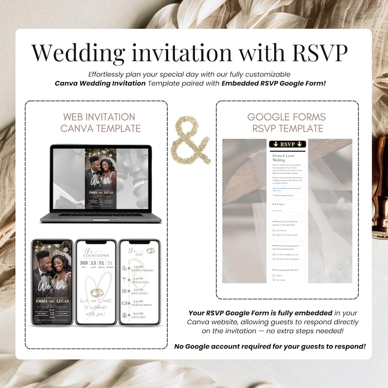 Wedding invitation with RSVP, digital Canva template and Google Form RSVP, editable animated wedding website evite with countdown timer, wedding day program, wedding details and trackable RSVP form. Modern black gold digital wedding invitation, interactive online wedding website template, elegant and eco-friendly animated wedding invite for couples planning stylish digital weddings.