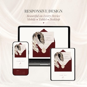 Burgundy and ivory Save the Date wedding website displayed on smartphone, laptop and tablet. Responsive digital wedding invitation with lace details and wax seal, designed for mobile, tablet and desktop and editable in Canva.