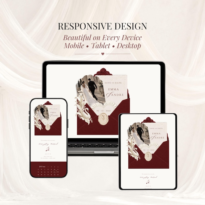 Burgundy and ivory Save the Date wedding website displayed on smartphone, laptop and tablet. Responsive digital wedding invitation with lace details and wax seal, designed for mobile, tablet and desktop and editable in Canva.