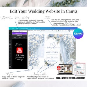 May include: A Canva wedding website design tutorial. The image shows a website template with a blue and white floral design. Text includes "Edit Your Wedding Website in Canva" and instructions on customizing elements, text, and backgrounds. A YouTube logo is also visible.