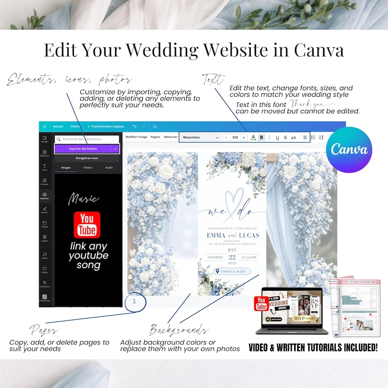 May include: A Canva wedding website design tutorial. The image shows a website template with a blue and white floral design. Text includes "Edit Your Wedding Website in Canva" and instructions on customizing elements, text, and backgrounds. A YouTube logo is also visible.