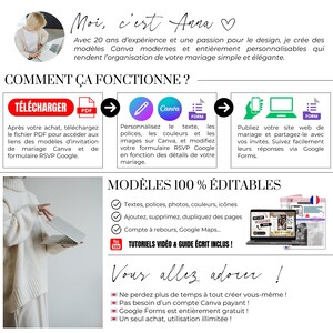 Présentation de Anna, créatrice du template, explication du fonctionnement : téléchargement, modification dans Canva et envoi. Invitation de mariage numérique personnalisable avec RSVP et outils d’édition.
