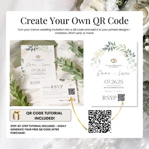 Create your own QR code for your wedding invitation – Editable Canva invitation with RSVP form linked by QR code. Add the code to printed cards like RSVP, Save the Date, or details cards. Includes step-by-step tutorial to generate your QR code using your wedding website link. Modern, minimalist sage green wedding template for easy digital sharing and printing.