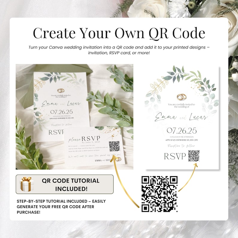Create your own QR code for your wedding invitation – Editable Canva invitation with RSVP form linked by QR code. Add the code to printed cards like RSVP, Save the Date, or details cards. Includes step-by-step tutorial to generate your QR code using your wedding website link. Modern, minimalist sage green wedding template for easy digital sharing and printing.