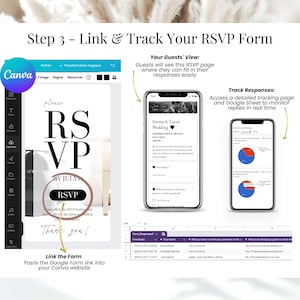 Step 3: Link and track your RSVP form using Canva and Google Forms. Guests access the RSVP page and submit responses easily. Track replies in real time through Google Sheets with visual charts. Simple setup for managing digital wedding invitations with live RSVP tracking.