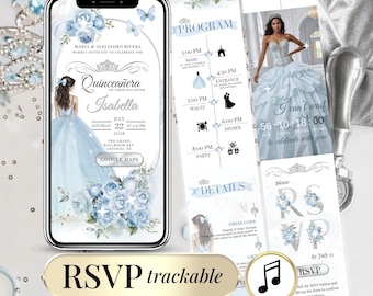 Baby Blue Quinceanera Invite RSVP Online Sweet 16 invitation, Editable Mis Quince Anos 15th Birthday Digital Quinceanera Invitation Silver