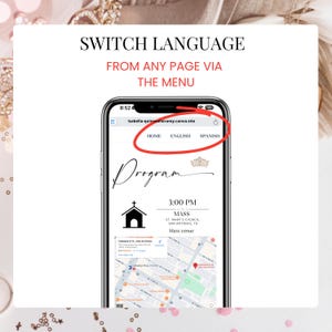 以下が含まれることがあります： スマートフォン画面には、「SWITCH LANGUAGE」と「FROM ANY PAGE VIA THE MENU」のテキストが表示されたウェブサイトが表示されています。 ウェブサイトには、Home、English、Spanishのオプションがあります。 画面には、教会のアイコンと地図が表示されたプログラムが表示されています。