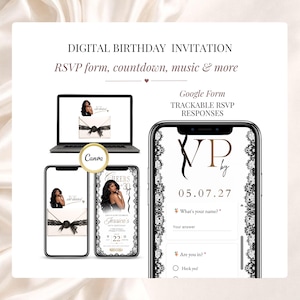 Digital birthday invitation with trackable RSVP form, black lace design and champagne gold details. Editable Canva birthday website for 30th, 40th, 50th or any age celebration with online RSVP, music and countdown.