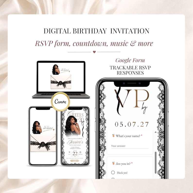 Digital birthday invitation with trackable RSVP form, black lace design and champagne gold details. Editable Canva birthday website for 30th, 40th, 50th or any age celebration with online RSVP, music and countdown.