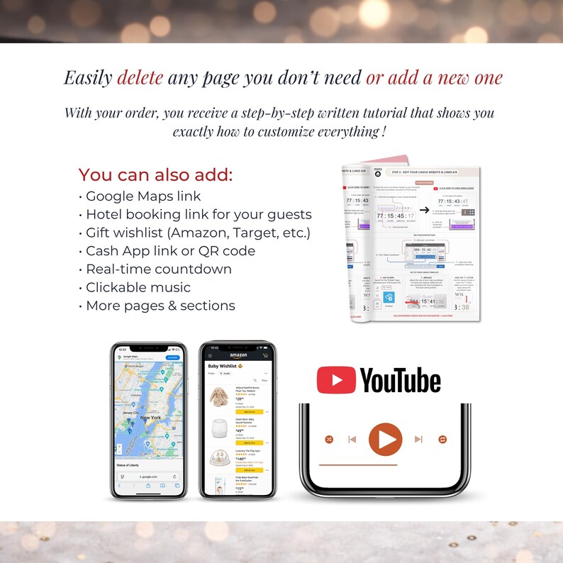 May include: A digital template guide featuring text that reads: Easily delete any page you don't need or add a new one. With your order, you receive a step-by-step written tutorial. Includes icons for Google Maps, Amazon, and YouTube.